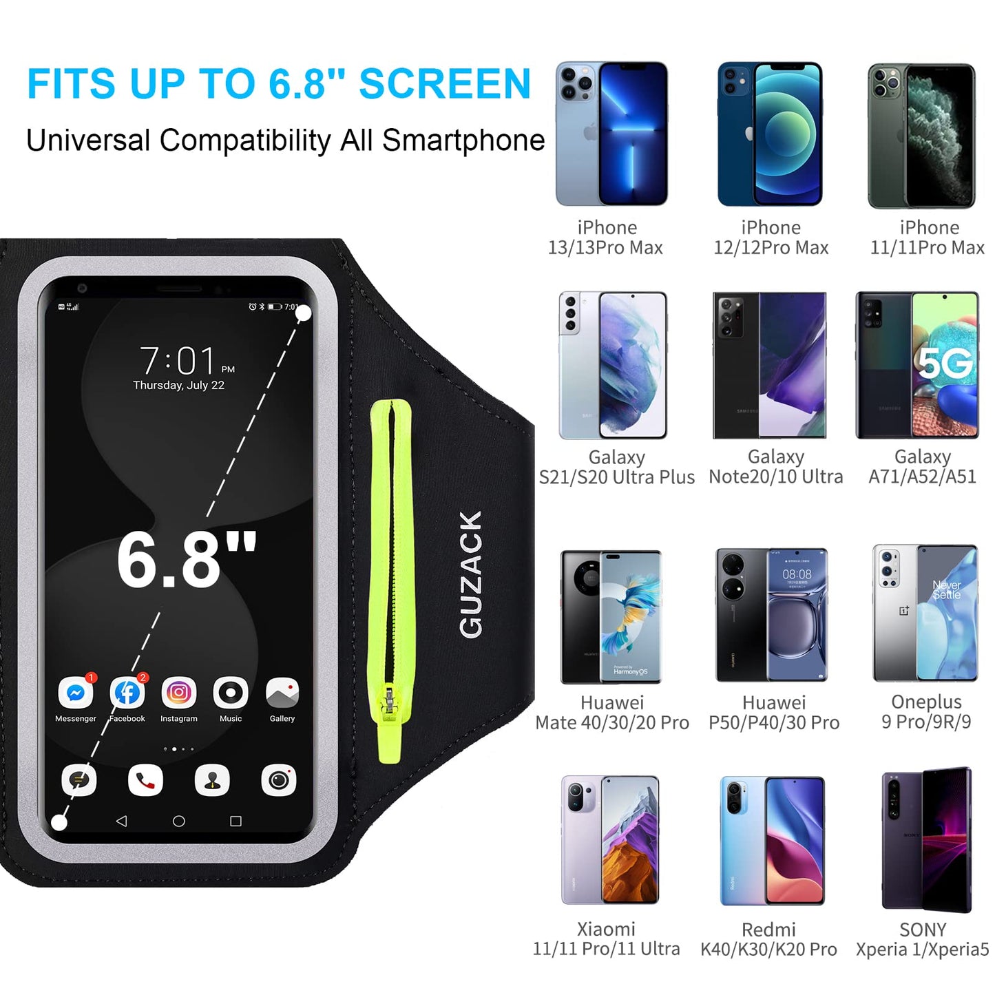 GUZACK Running Armband for iPhone 17 16 15 14 13 12 Pro Max/Plus/XR/XS, Galaxy S25/S24/S23/S22, with Card Slot & Key Pockets, Sports Arm Bands Cell Phone Holder Fit Up to 6.9 Inches Phone