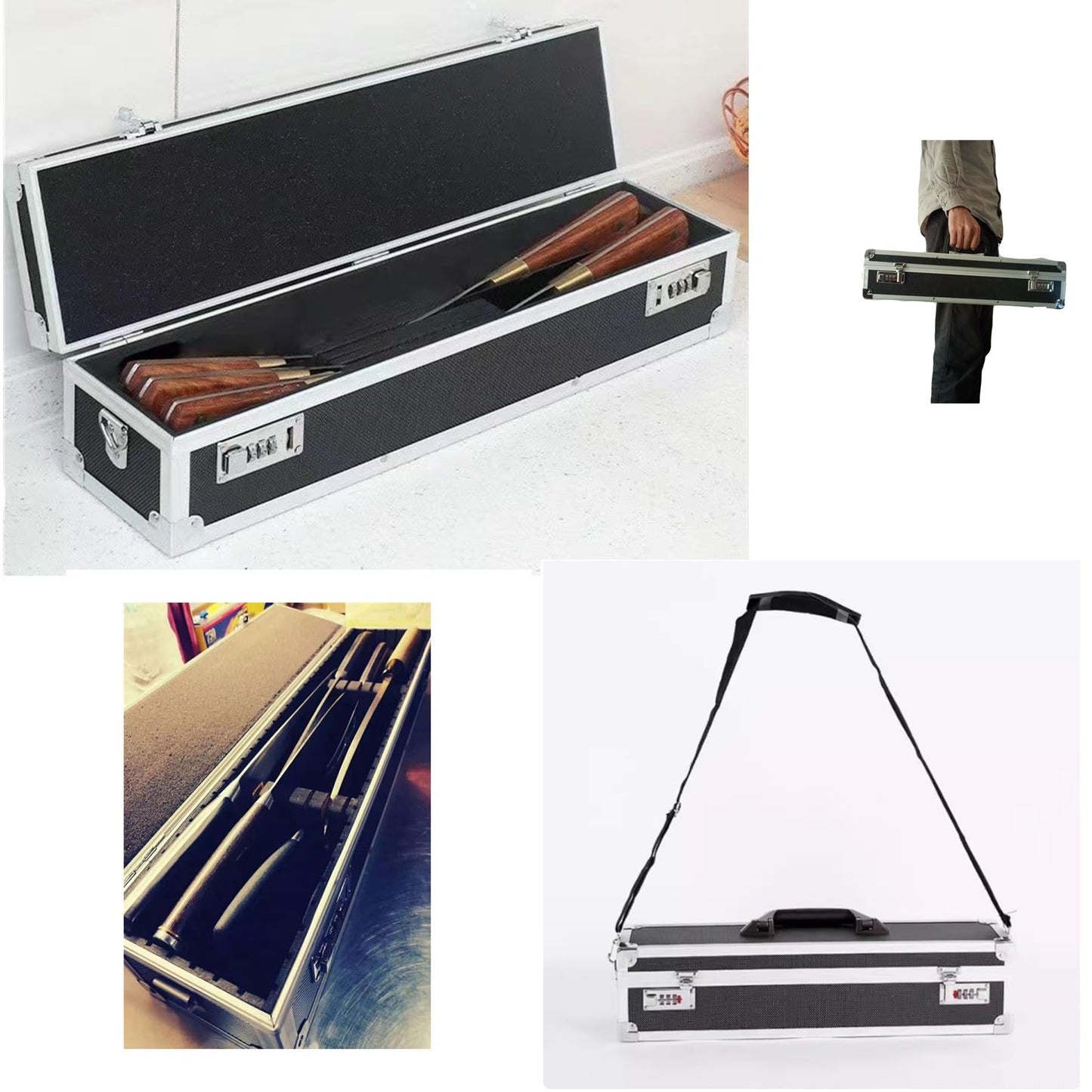 Flydoniso Chef’s Knife Case Aluminum Hard Case with Dual Combination Locks Cultery Carrier Portable Knife Organizer Block Holders Protectors With 8 Slots Can Hold Home Kitchen Knife Tools Up To 17.5”