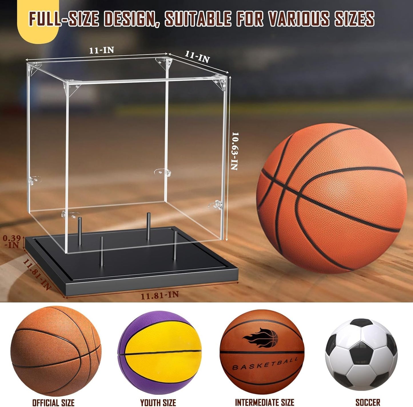 KKU Basketball Display Case, Acrylic Clear Full Size Basketball Case with Solid Wood Base,UV Protected Soccer Basketball Display Stand for Autographed Standard Memorabilia Keepsake, Black