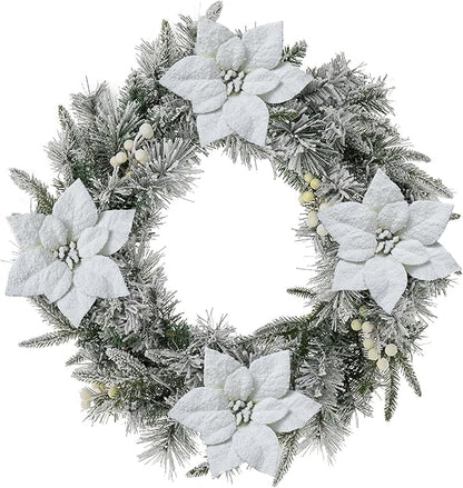 Glitzhome 24" D Pre-Lit Snow Flocked Greenery Pine Poinsettia Christmas Wreath, with 50 Warm White Lights with Timer