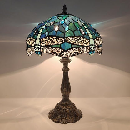 Tiffany Lamp Stained Glass Table Lamp Bedside Reading Light W12H19 Inches (Sea Blue Dragonfly Style)