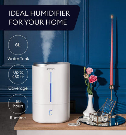 GENIANI Ultrasonic Cool Mist Humidifier for Bedroom, Large Rooms, Home, 4L - Easy Fill & Clean Humidifier for Plants w/Auto Shut-off, 40H Runtime - Quiet, Top Fill Air Humidifier