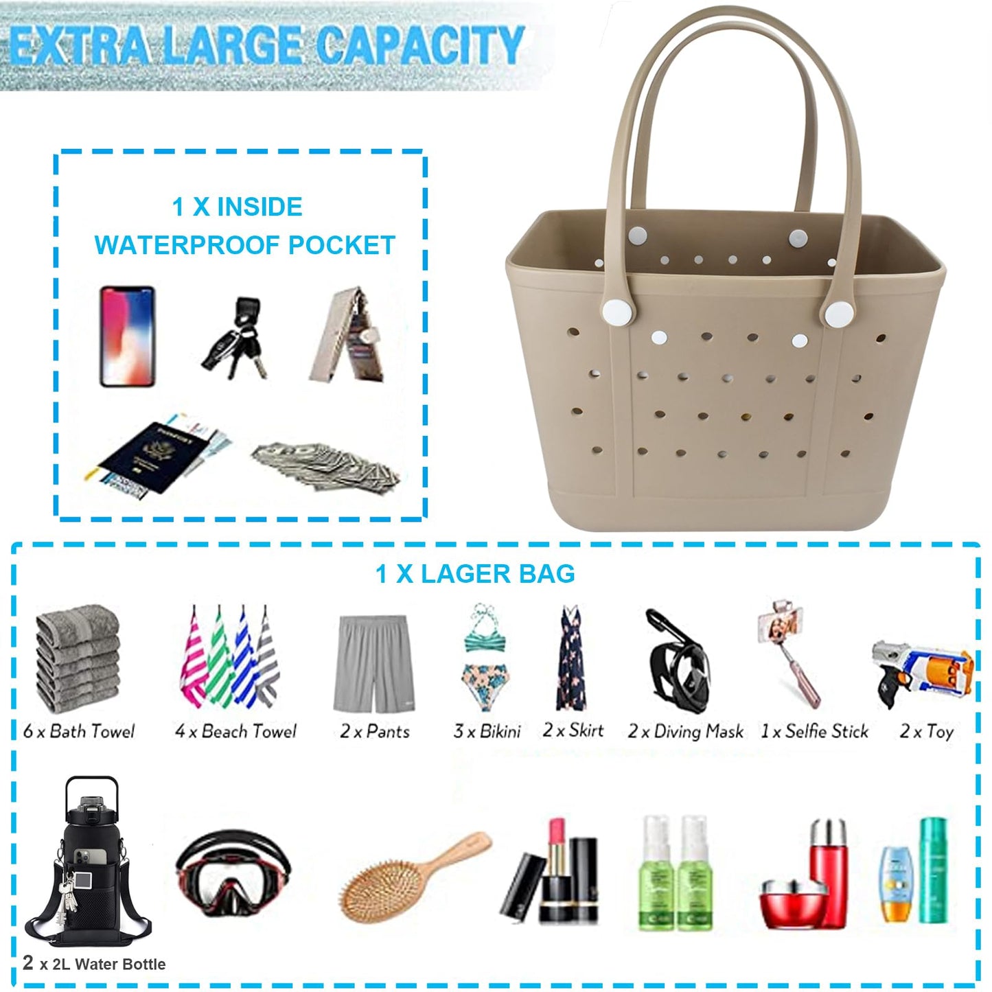 Juyeesm X Large Beach Bag, Oversized Rubber Beach Bag, Washable Open Tote Bag Durable Tote Travel Bags for Outdoor Sport