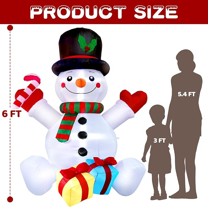 6FT Snowman Inflatable Present & Snowman Christmas Decorations with LED Lights Christmas Blow Up for Indoor Outdoor Yard Decoration