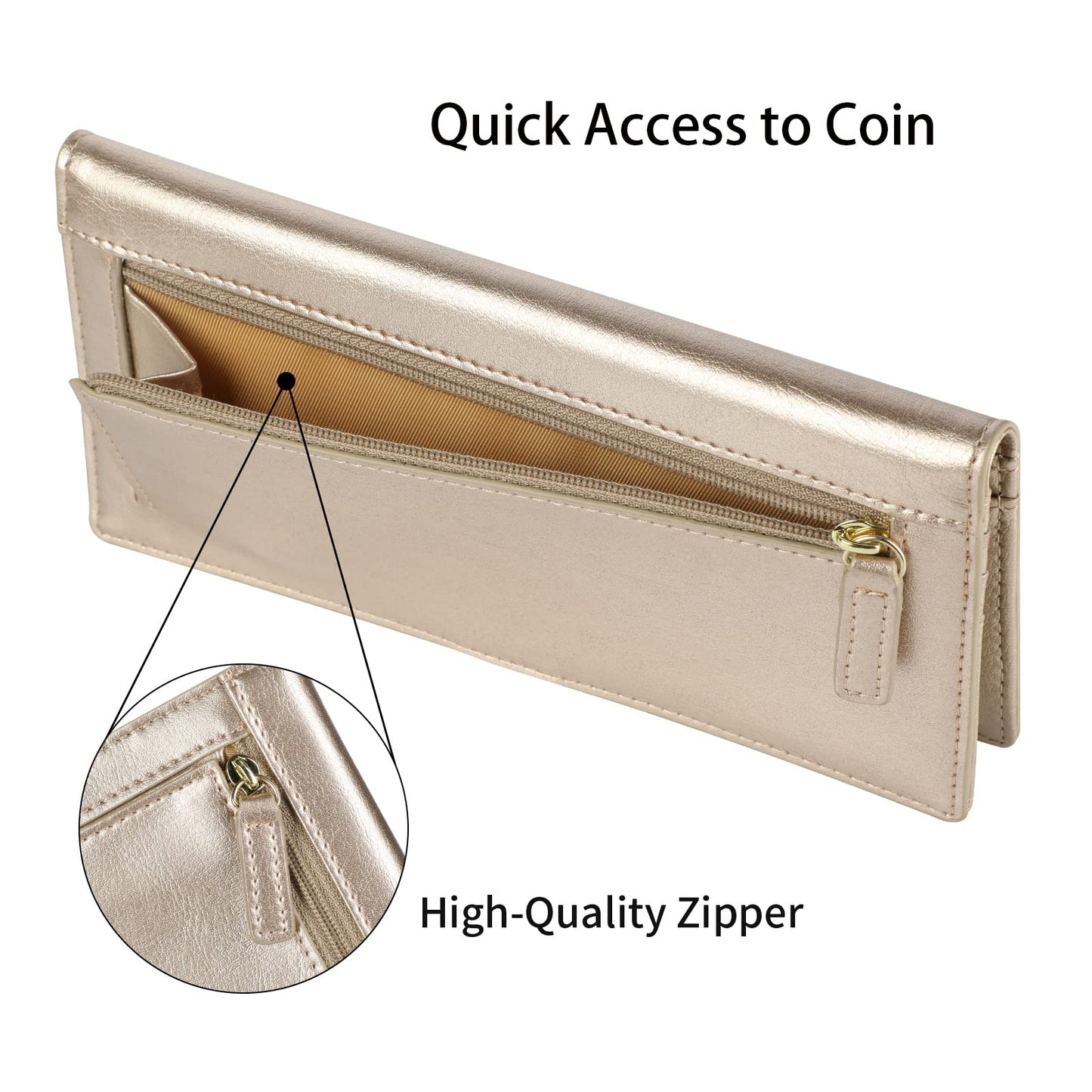Lavemi Ultra Slim Thin Leather Women Wallet RFID Blocking Credit Card Holder Bifold Long Ladies Billfold (2-Waxed Champion Gold)