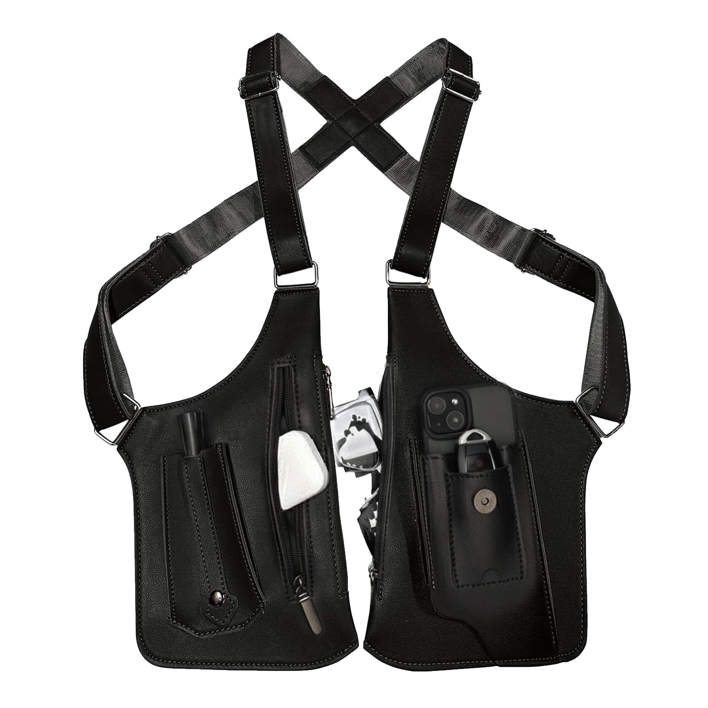 Underarm Shoulder Bag for Men, Leather Double Shoulder Armpit Bag with Adjustable Design & Multi-Pocket, Premium Wallet Holster for Outdoors, Travel (Black)