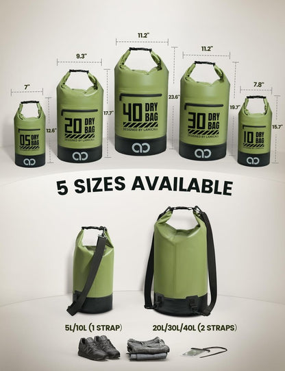 Lamicall Waterproof Dry Bag with Phone Pouch - 5L/10L/20L/30L/40L Floating Roll Top Backpack for Kayaking Boating Beach Camping Fishing - Heavy Duty 500D PVC Marine Dry Sack for Men, Women, Green 10L
