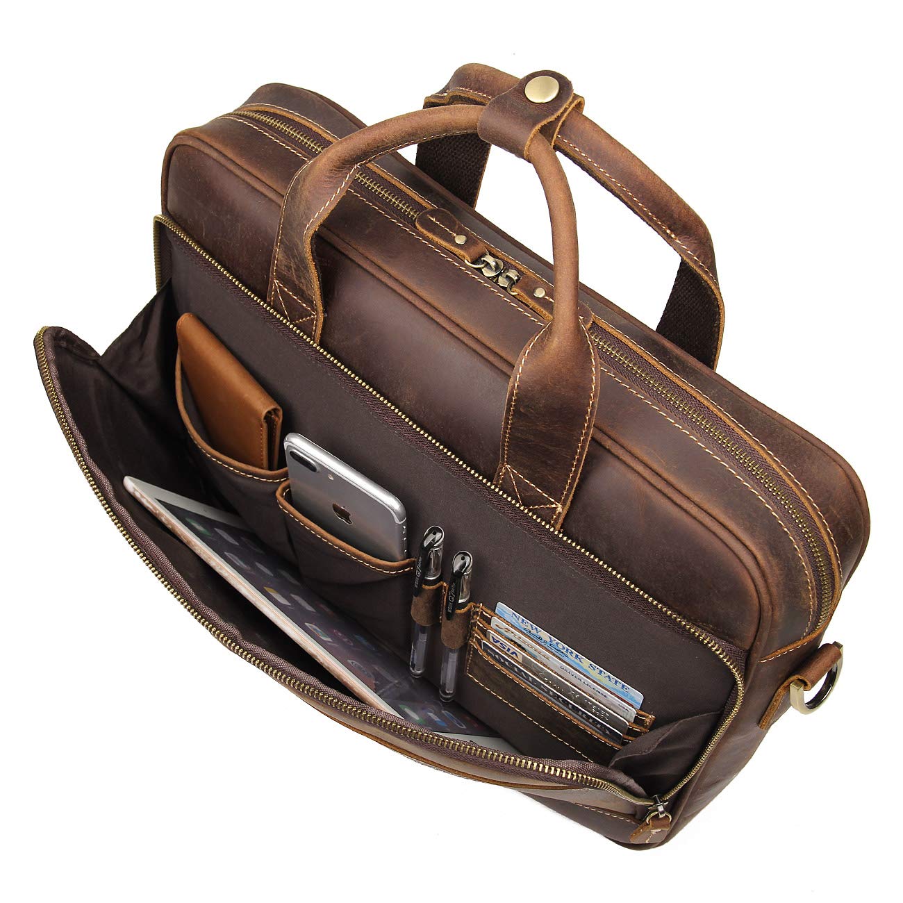 Augus Leather Briefcase for Men16 inch Laptop Bag Genuine Full-Grain Leather Messenger Shoulder Bag YKK Zipper Work Travel Brown