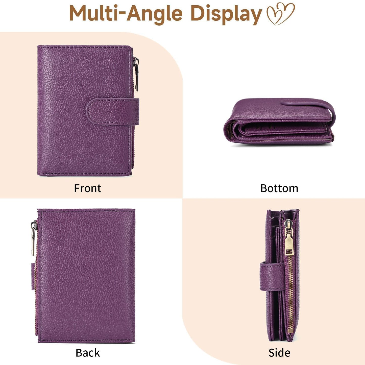 GAEKEAO Small Wallet for Women, Bifold Vegan Leather RFID Blocking Ladies Compact Card Holder with Zipper Pocket & ID Window