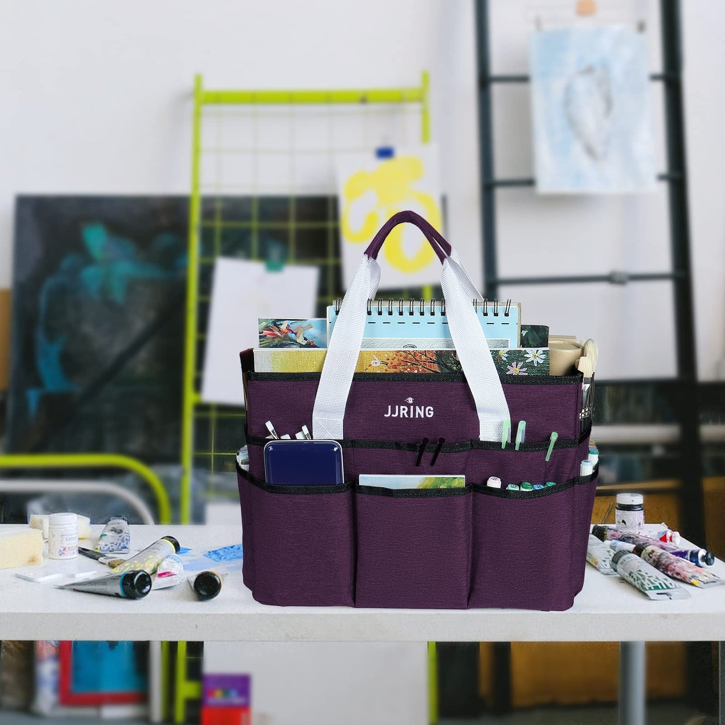 JJRING Craft Organizer Tote Bag, Large Art Storage Caddy with Multiple Pockets, Deep Purple Sewing Bag for Art, Craft, Scrapbooking, Medical, and Office Supplies Storage