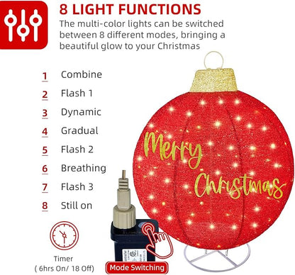 HOYECHI 2pc Lighted Pop-Up Outdoor Christmas Ornament Set – Holiday Ball Decorations with 200 LED Lights, 8 Lighting Modes, for Yard & Outdoor Christmas Decor - Red/Green