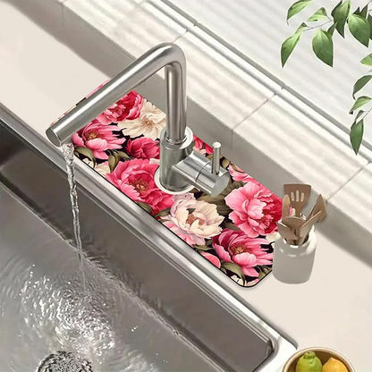 Garden Flowers Sink Splash Guard Faucet Mat Watercolor Peonies Super Absorbent