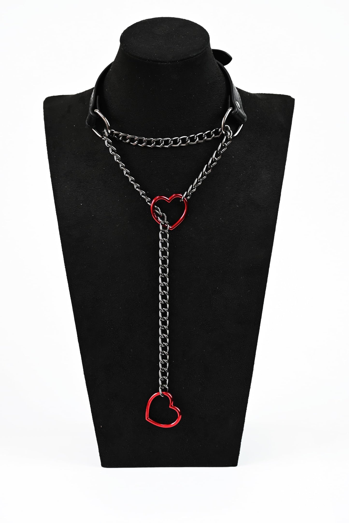 SIROLISA Handmade Black Heart Choker Collar for Women, Punk Gothic Vegan Leather Slip Chain Necklace with Adjustable Buckle, O-Ring Y-Necklace Jewelry for Goth Alternative Aesthetic Costumes