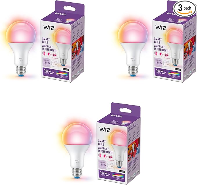 WiZ Connected 100W A21 Color LED Smart Bulb 3-Pack - E26- Indoor - Connects to Your Existing Wi-Fi - Control with Voice or App + Activate with Motion - Matter Compatible