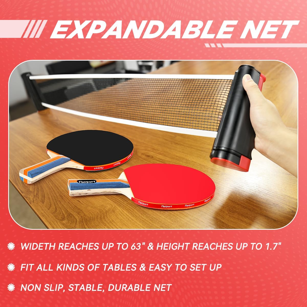 FBSPORT Ping Pong Paddle Set, Table Tennis Set with 4 Rackets and 8 Balls, Retractable Net with Storage Bag - Pingpong Paddle Accessories for Indoor/Outdoor Games