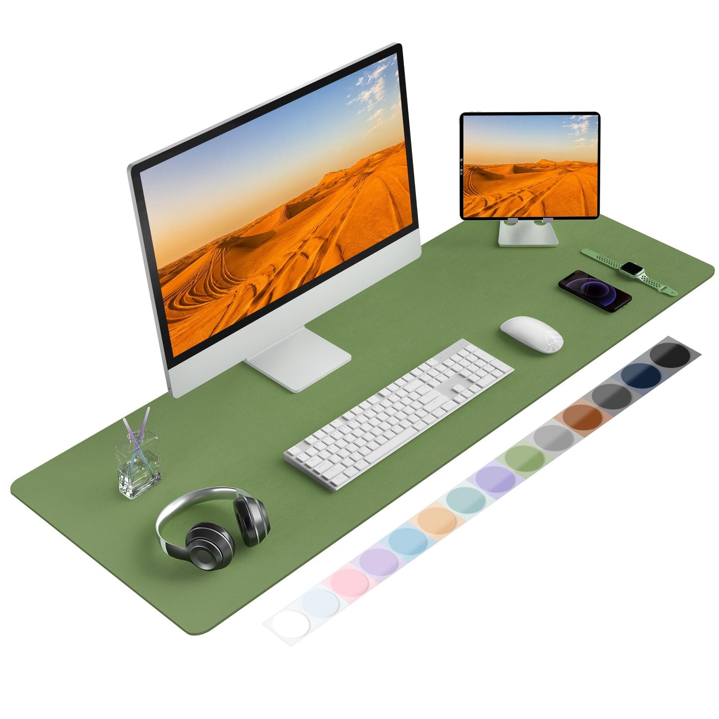 Roslim Leather Desk Pad Protector,Mouse Pad,Non-Slip Computer Mat for Desk,PU Leather Office Desk Mat for Home & Office,Waterproof Laptop Desk Blotter for Keyboard and Mouse,Olive Green ((17''X48'')