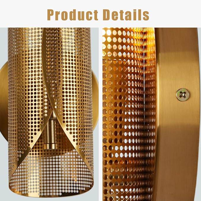 Industrial Cylindrical Aged Brass Curved Perforated Wall Sconce, 21 Inch Hand-Made Wall Mounted Light, Luxury Wall Light for Hallway, Bedroom, Living Room (1-Light)