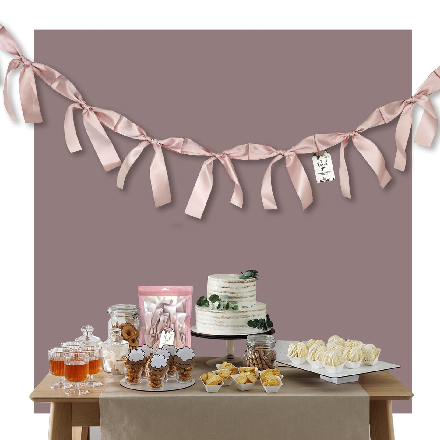 Dusty Pink Bow Garland, Pre-Assembled 6 ft – Single Accent Decoration for Bridal Shower, Baby Shower & Birthday Parties | Soft Matte Satin Bows (Dusk Rose)