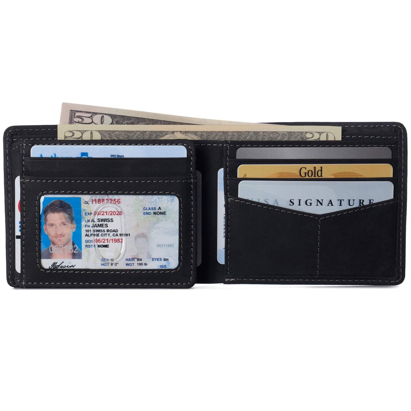 Alpine Swiss Mens Wallet for Men | RFID Protected Leather Mens Wallet | Spencer Bifold with Divided Bill Section | Gift Box | 2 ID Windows | 14 Card & Storage Pockets for Organization Nubuck Black