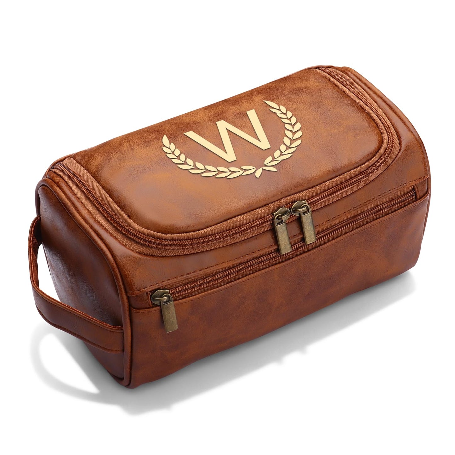 OXYEFEI Personalized Toiletry Bag for Men,Personalized Gifts for Men,Engraved Initial PU Leather Mens Toiletry Travel Shaving Travel Essentials Toiletries Bag for Him Birthday (W, Light Brown)