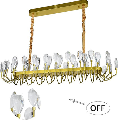 Modern Crystal Chandelier for Dining Room, Luxury Gold Rectangular Crystal LED Chandelier, Farmhouse Adjustable Pendant Ceiling Light for Living Room Kitchen Island L47.25