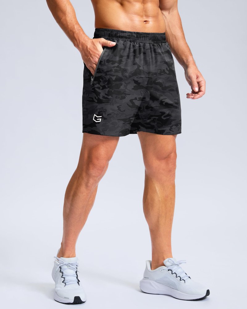 G Gradual Men's Athletic Running Shorts with Zipper Pockets Quick Dry 7"/ 5"/ 9" Workout Gym Shorts for Basketball Hiking(Grey Camo,5L)