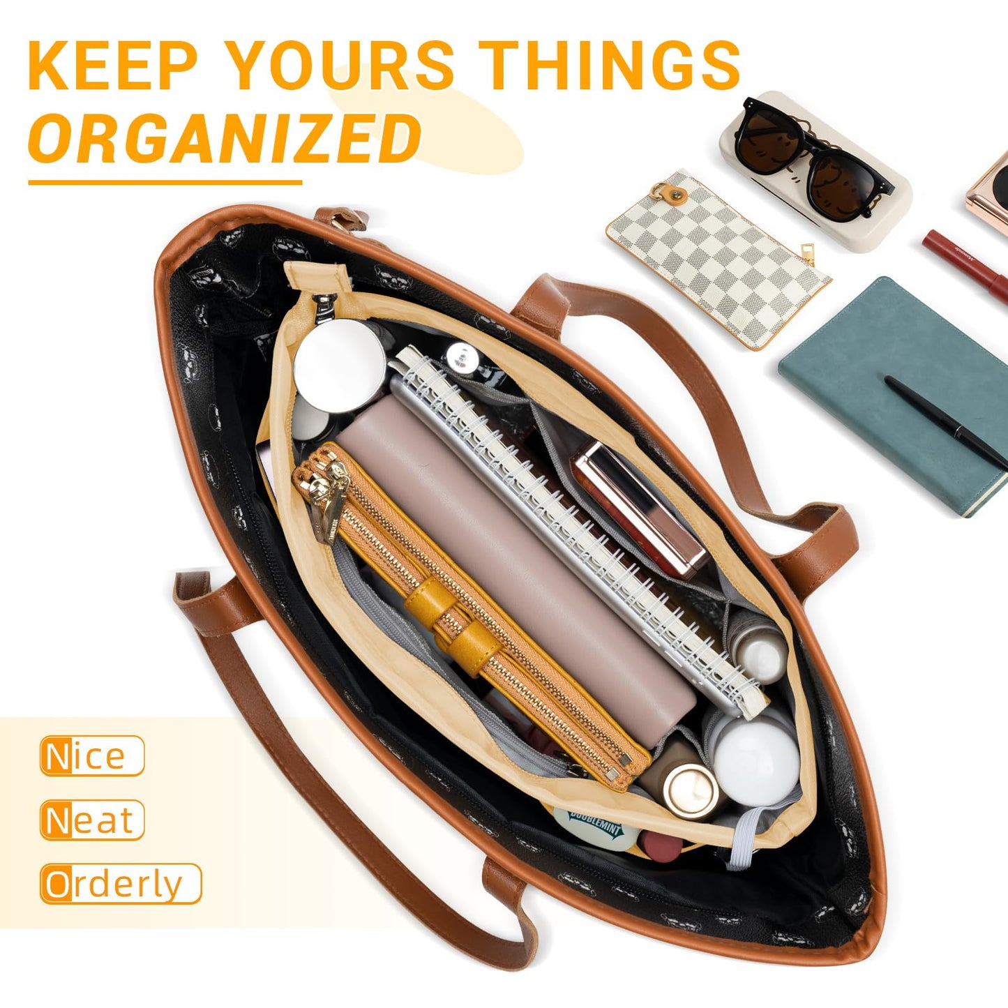 HyFanStr Nylon Purse Organizer Insert with Zipped Top for Tote Bag, Handbag Shaper with 13 Pockets 5 Sizes (Beige-XS)