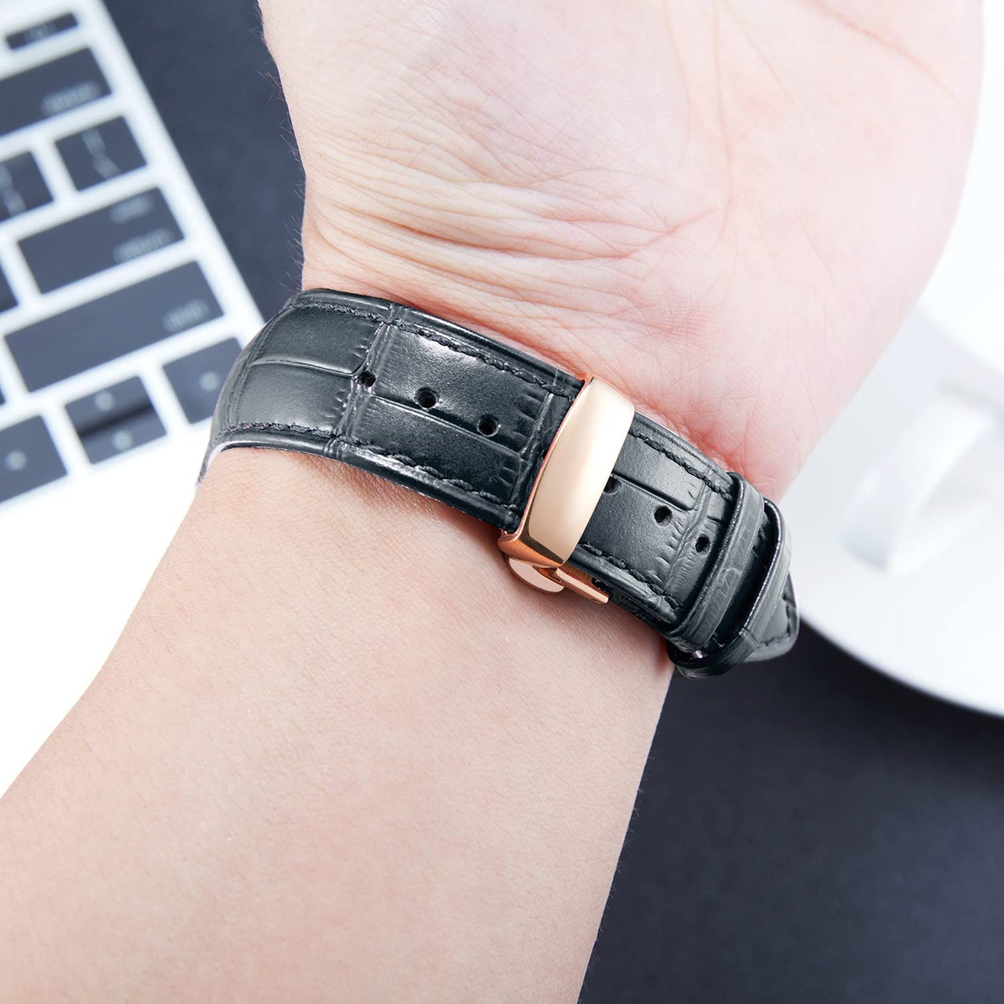 BINLUN Leather Watch Strap, Quick Release Genuine Leather Replacement Watch Band with Butterfly Deployment Buckle for Men and Women, 12mm-24mm(Black-Rose Gold,18mm)