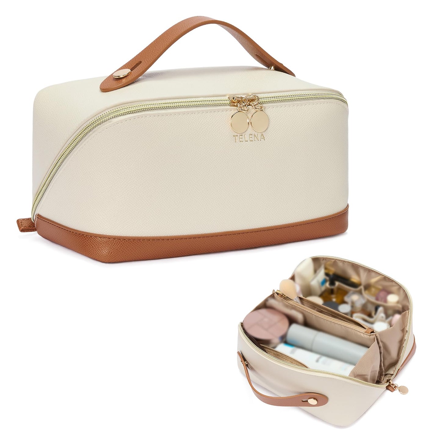 Telena Leather Make Up Bag Portable Travel Makeup Bag Waterproof Cosmetic Bags for Women Large Capacity With Handle and Divider Open Lay Flat