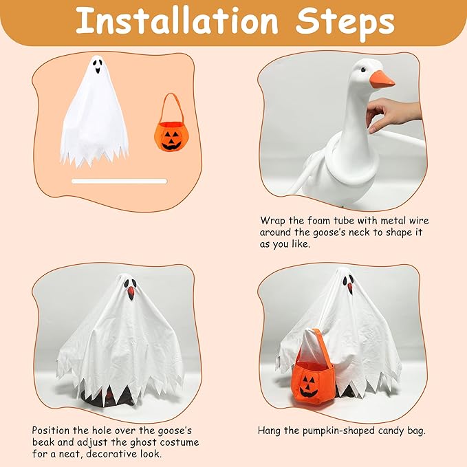 VERTUPET Halloween Ghost Costume for Garden Goose, 23" Outdoor Goose Outfit with Pumpkin Felt Bag, Holiday Yard Decor Accessories