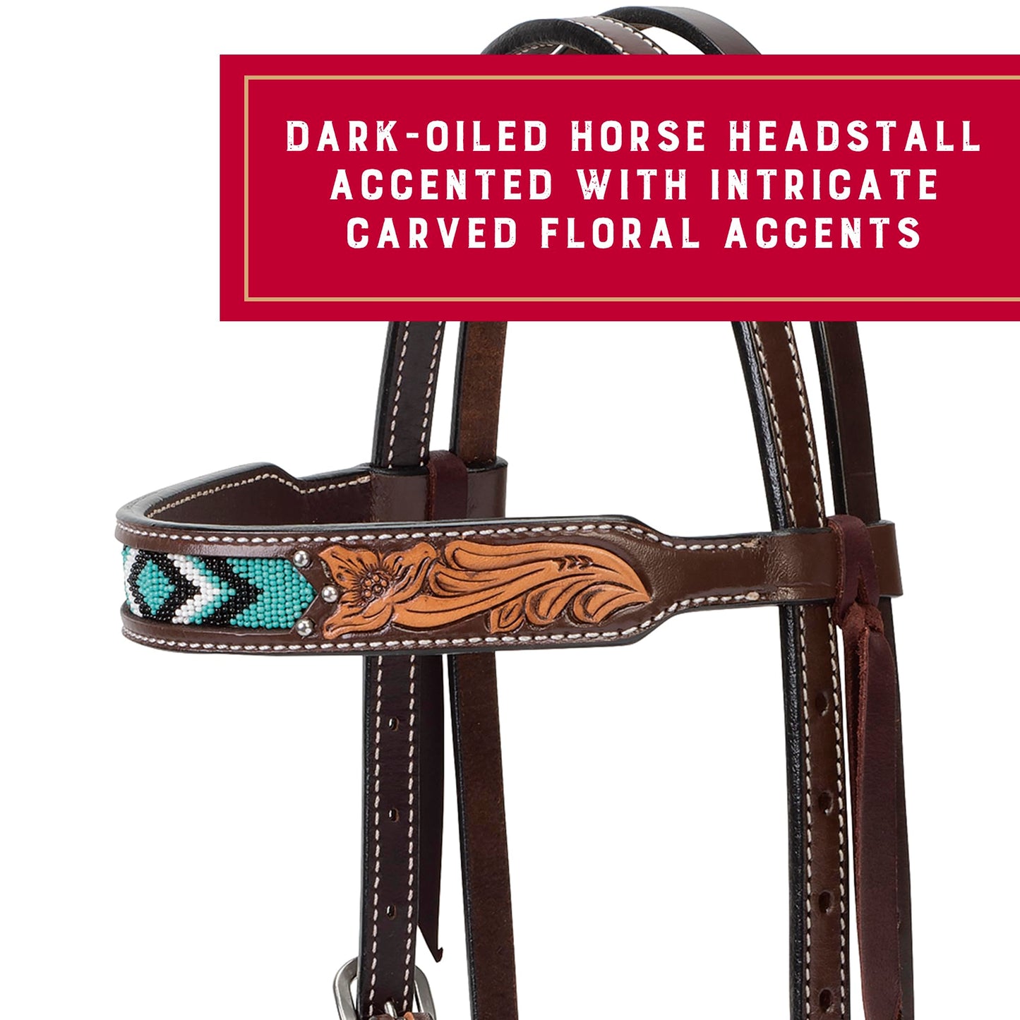Weaver Equine Turquoise Diamond Beaded Horse Headstall, Leather Headstalls for Horses for Trail Riding, Durable Equine Supplies, Dark Oil