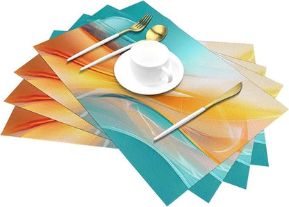 Teal and Orange Abstract Wave Linen Placemats Set of 4, 12 x 18 Inch Washable Non-Slip Heat-Resistant Kitchen Table Mats for Dining Table Outdoor Holiday Wedding Party Farmhouse, Kitchen Home Decor