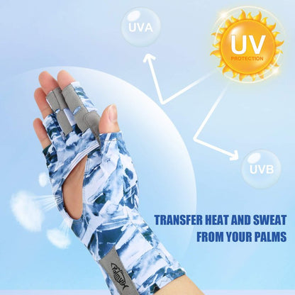 Palmyth UV Protection Fishing Fingerless Gloves UPF50+ Sun Gloves Men Women for Kayaking, Hiking, Paddling, Driving, Canoeing, Rowing (Air Mountain Sky, X-Small)
