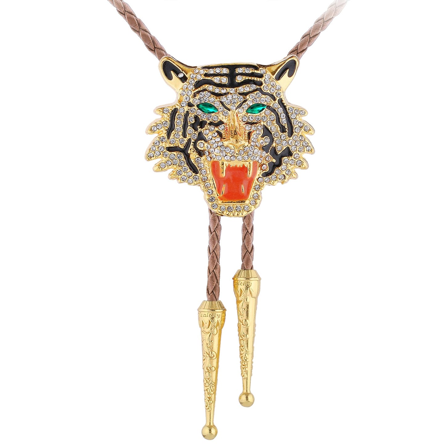 GelConnie Formal Bolo Tie for Men Rhinestone Gold Tiger Head Bola Brown Rope Bolo Tie Wedding Necklace Western Cowboy Necktie