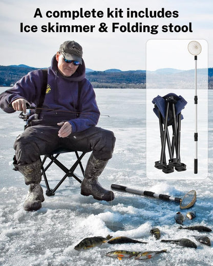 Gonex Ice Fishing Rod Reel Combo - Medium Light Carbon Fiber Kit with Spinning Reel & Folding Stool | Portable Winter Fishing Gear