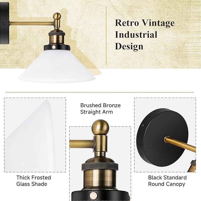 Vintage Wall Sconces Set of 2 Indoor 110V Hardwired Frosted Glass Wall Mounted Lamp Light Fixtures for Bathroom Vanity Kitchen Hallway Stairway, Anti-Rust Brushed Bronze Finish, E26 Base, WS-23061-C2