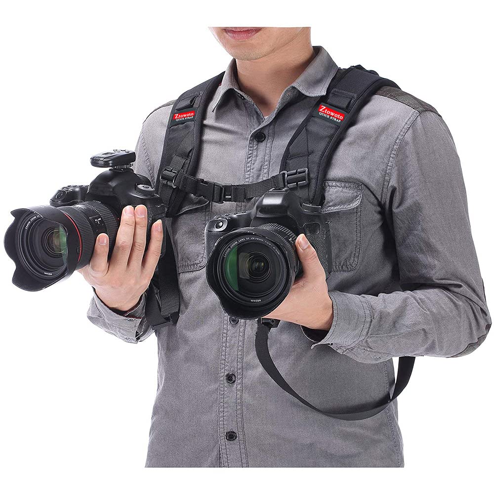 ztowoto Camera Shoulder Double Strap Harness Quick Release Adjustable Dual Camera Tether Strap with Safety Tether and Lens Cleaning Cloth for DSLR SLR Camera