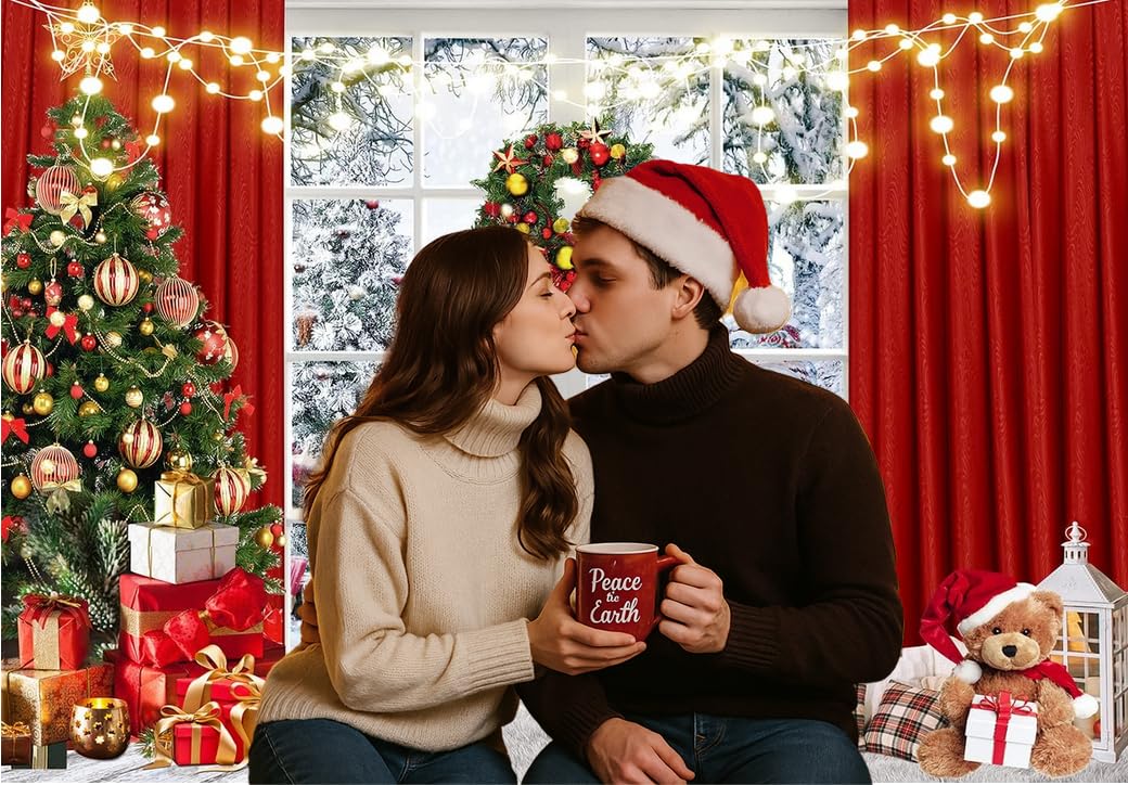 Christmas Window Backdrop 8x6ft Red Curtain Photography Backdrop Winter Xmas Party Banner Decorations Background Xmas Holiday Party Photo Booth D649