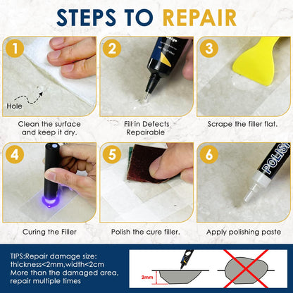 Quartz Countertop Repair Kit, Granite & Marble Repair Kit with 4*15g Filler(White,Beige, Gray,Clear), 30s Fast Repair Chip, Hole, Scratch, Crack on Fiberglass, Porcelain, Ceramic Tile, Bath Tub, Sink