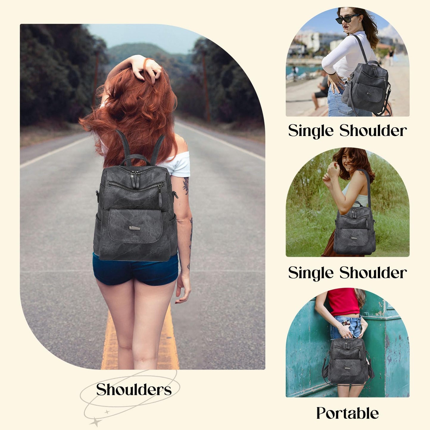 ROOSALANCE Backpack Purse for Women, Women Backpack Purse Small Leather Waterproof Anti-theft Shoulder Bags Handbags, Fashion Ladies Back pack for Daily Travel Work (Black Grey)