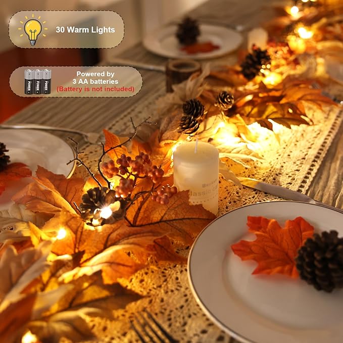 9 FT Fall Garland with Lights Timer Function Autumn Fall Leaves Garland with Berries Pine Cones Realistic Automatic ON/Off Timer Fall Decorations for Home Mantle Fireplace Porch Door Table