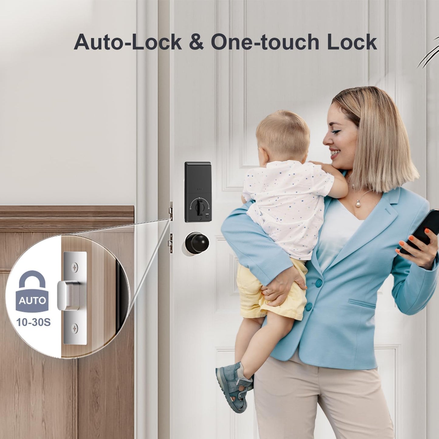 Keyless Entry Keypad Deadbolt with Handle Set, Smart Lock, Auto-Lock + One-Touch Lock, 100 Codes + 15-Min Easy Install, Ideal for Airbnb/Homes/Offices, Fits U.S. Standard Front Doors, Black