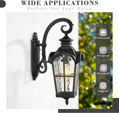 Emliviar Porch Outdoor Wall Lantern, Vintage Wall Mount Light Fixture with Water Ripple Glass, Matte Black Carriage Light for Yard, Barn, Patio, WE215BM-SW BK