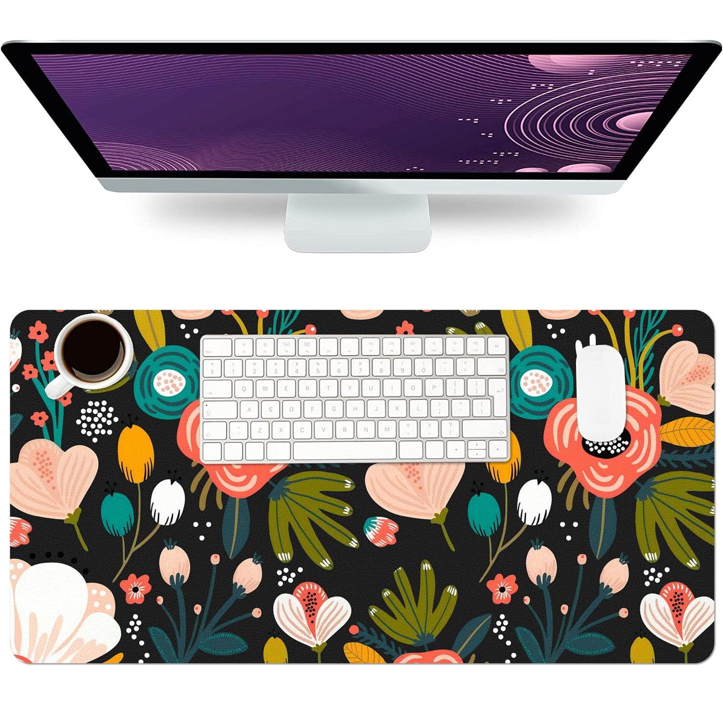 Desk Mat Large Protector Pad 31.5" ×15.7", Non-Slip PU Leather Desk Blotter, Waterproof Mouse Pad for Office Home Black Floral