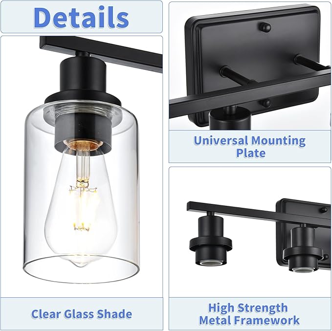 Bathroom Vanity Light,3-Light Modern Black Bathroom Light Fixtures with Clear Glass Shade,Wall Lamps for Living Room,Bath Vintage Wall Mounted Lights for Mirror,Bedroom
