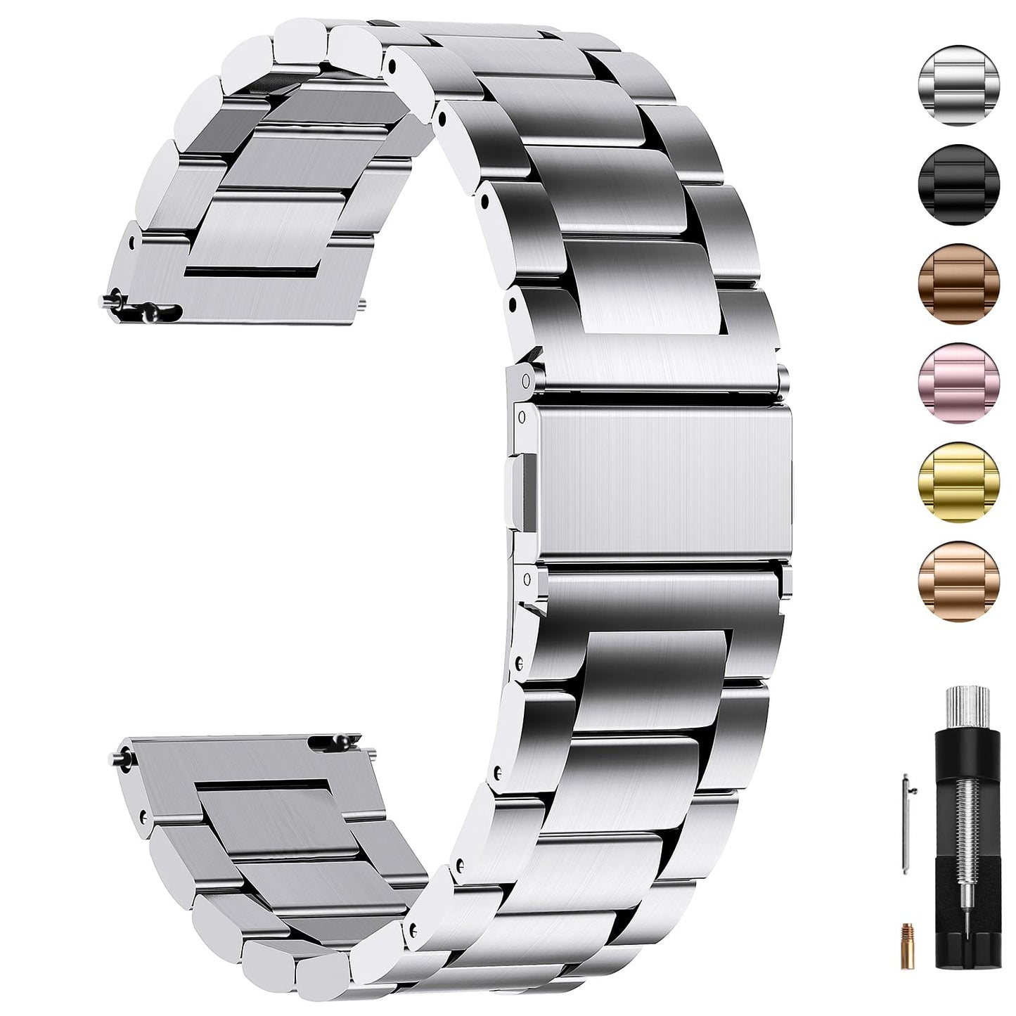 Fullmosa Stainless Steel Watch Band 16mm 18mm 19mm 20mm 22mm 24mm, Quick Release Metal Replacement Strap with Removable Links, Includes Spring Bars & Link Removal Tool for Men Women (22mm, Silver)