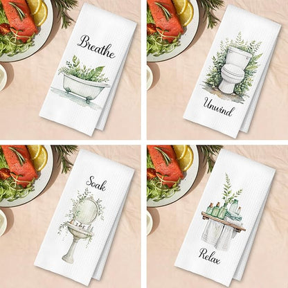 Boho Farmhouse Bathroom Hand Towels Set of 4, Relax Breathe Soak Unwind