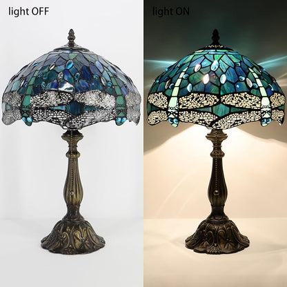 Tiffany Lamp Stained Glass Table Lamp Bedside Reading Light W12H19 Inches (Sea Blue Dragonfly Style)