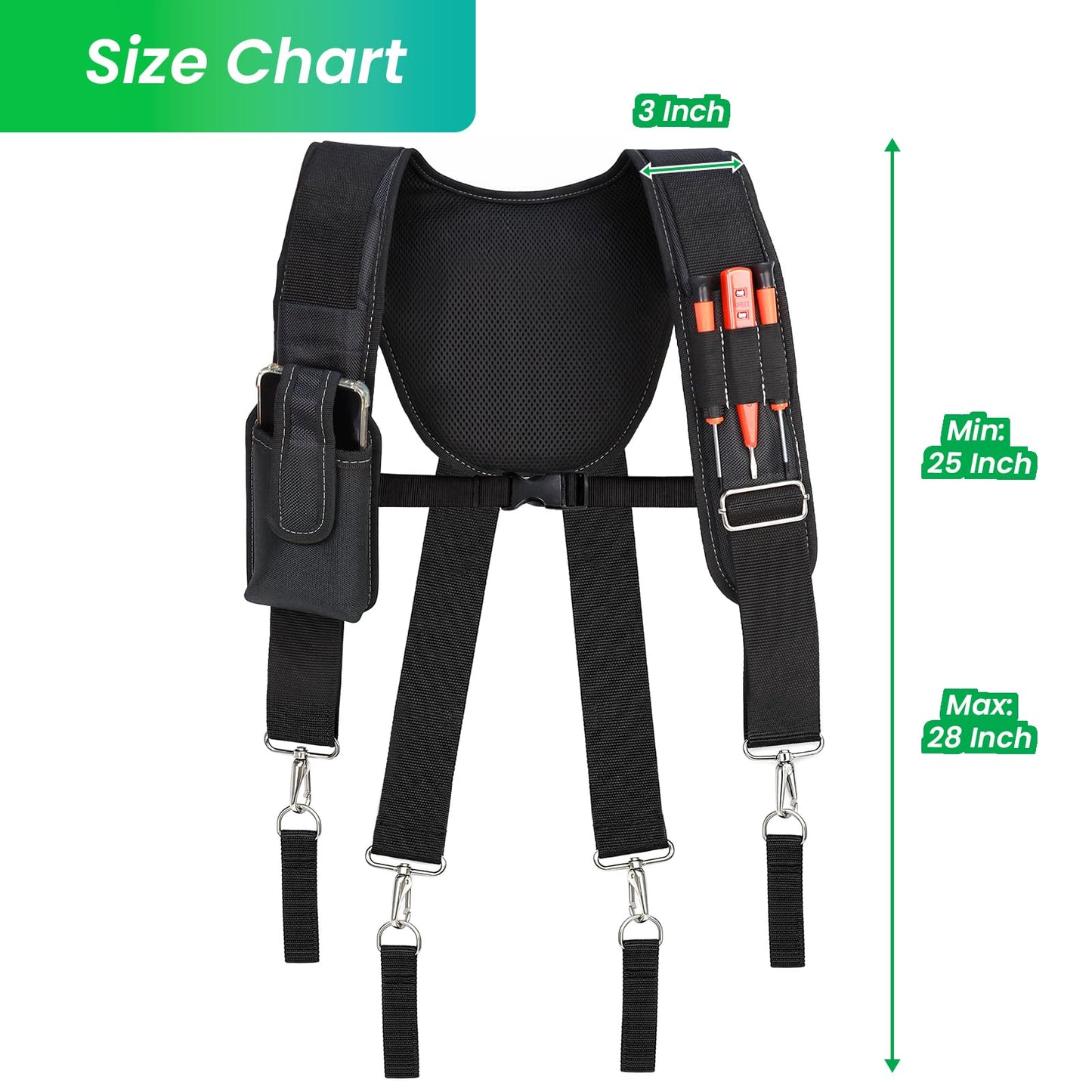 FamilyKit Tool Belt Suspenders for Men - Comfy Padded Work Belt Suspenders, Fully-Adjustable Tool Bag Suspenders with Loops for Construction, Carpenter, Electrician, Roofing, Framer (Black)