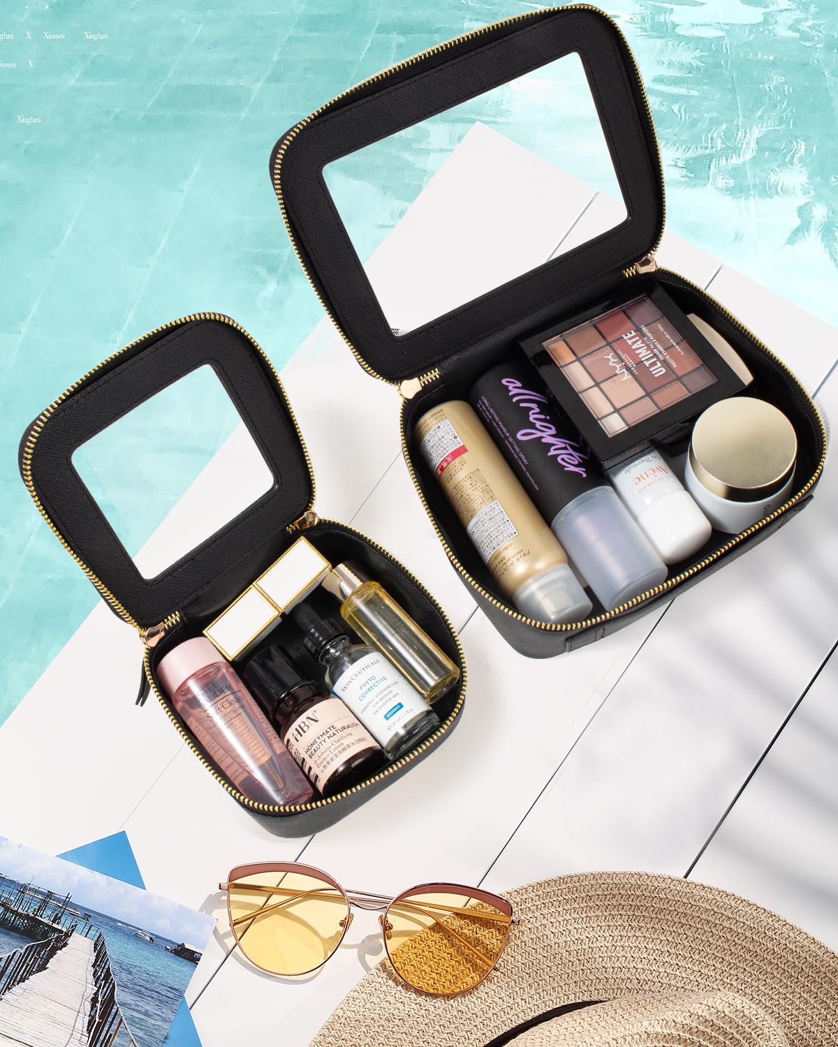 KOTORA Clear Makeup Bag Organizer Set,Portable Travel Toiletry Case for Women, Vegan Leather Cosmetic Pouch Car Bag for Essentials Car Make Up Bag Organizer Storage Traveling (Black)